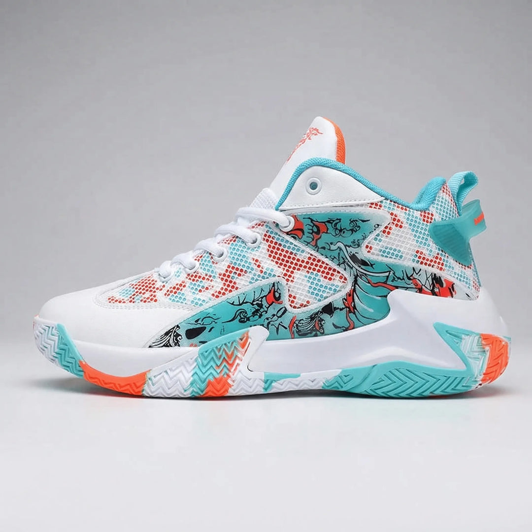 Men's bold graphic print high-top court trainers. Stylish athletic shoes with unique design, ideal for game day.