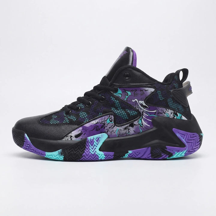 Performance men's high-top court sneakers. Bold graphic design, secure lace-up fit for basketball & athletic games.