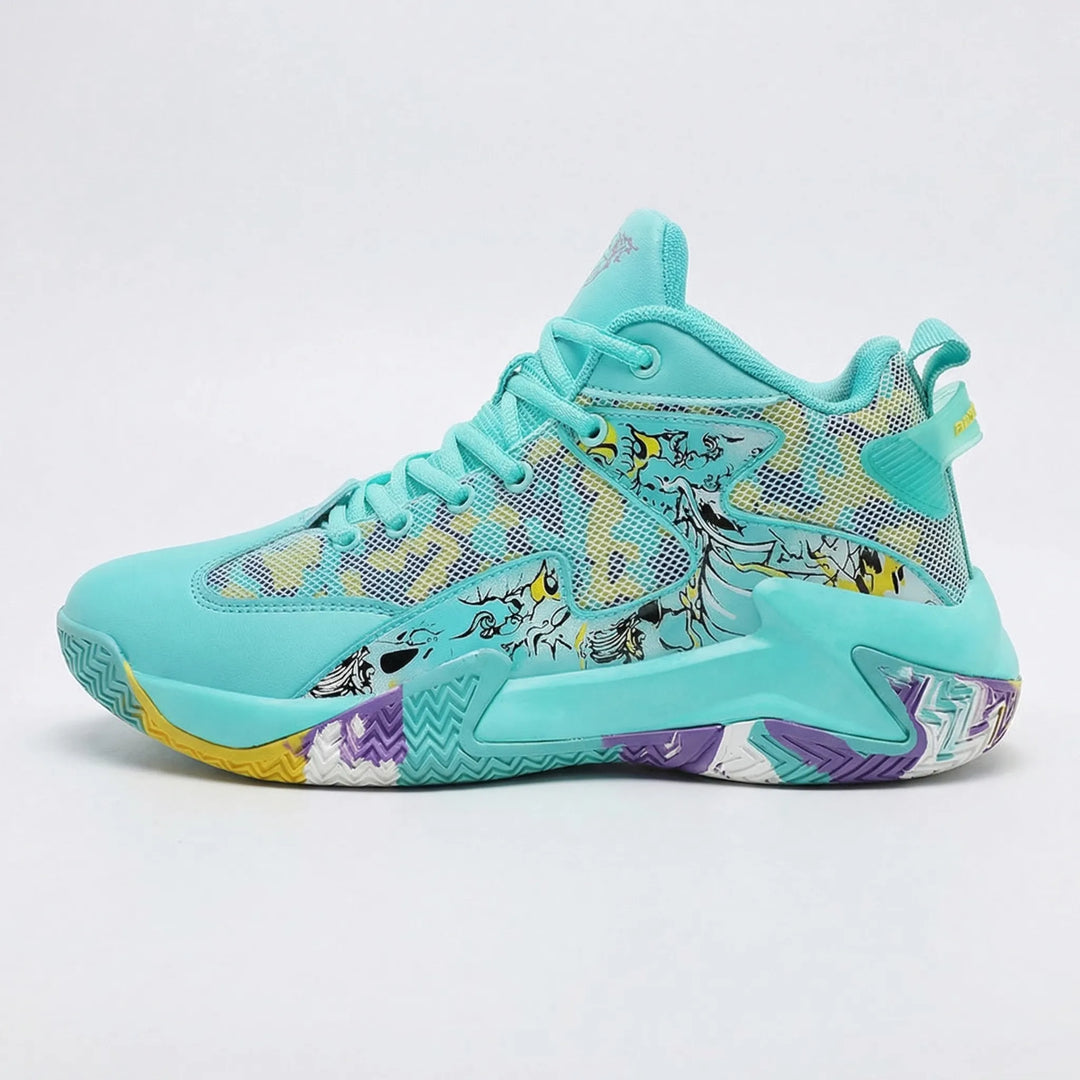 Men's unique graphic high-top court trainers. Lace-up athletic shoes for basketball & active sports, comfortable & bold.