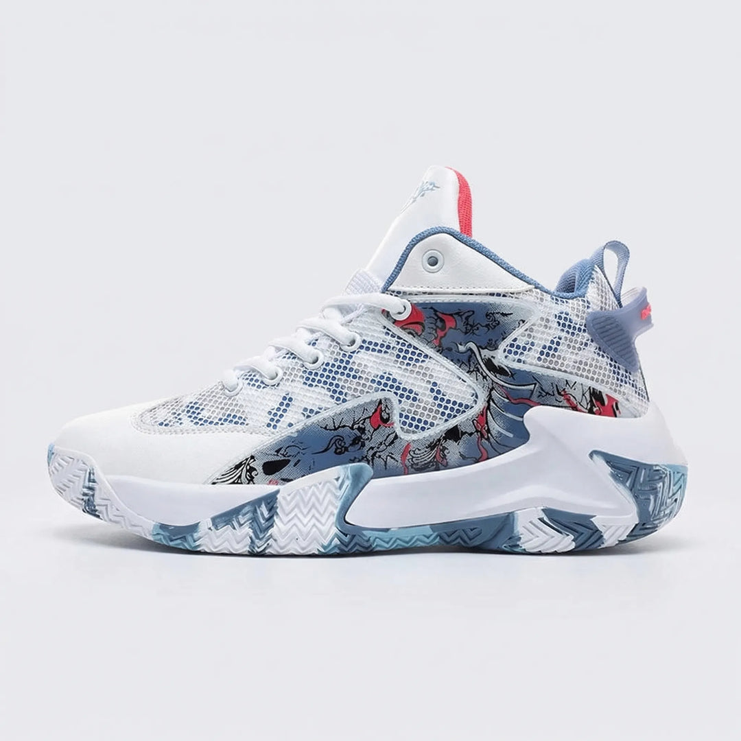 Stylish men's bold graphic high-top court sneakers. Performance basketball shoes with secure fit & eye-catching print.