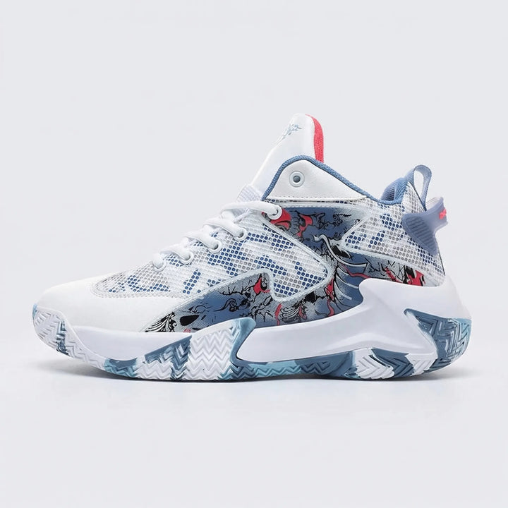 Stylish men's bold graphic high-top court sneakers. Performance basketball shoes with secure fit & eye-catching print.