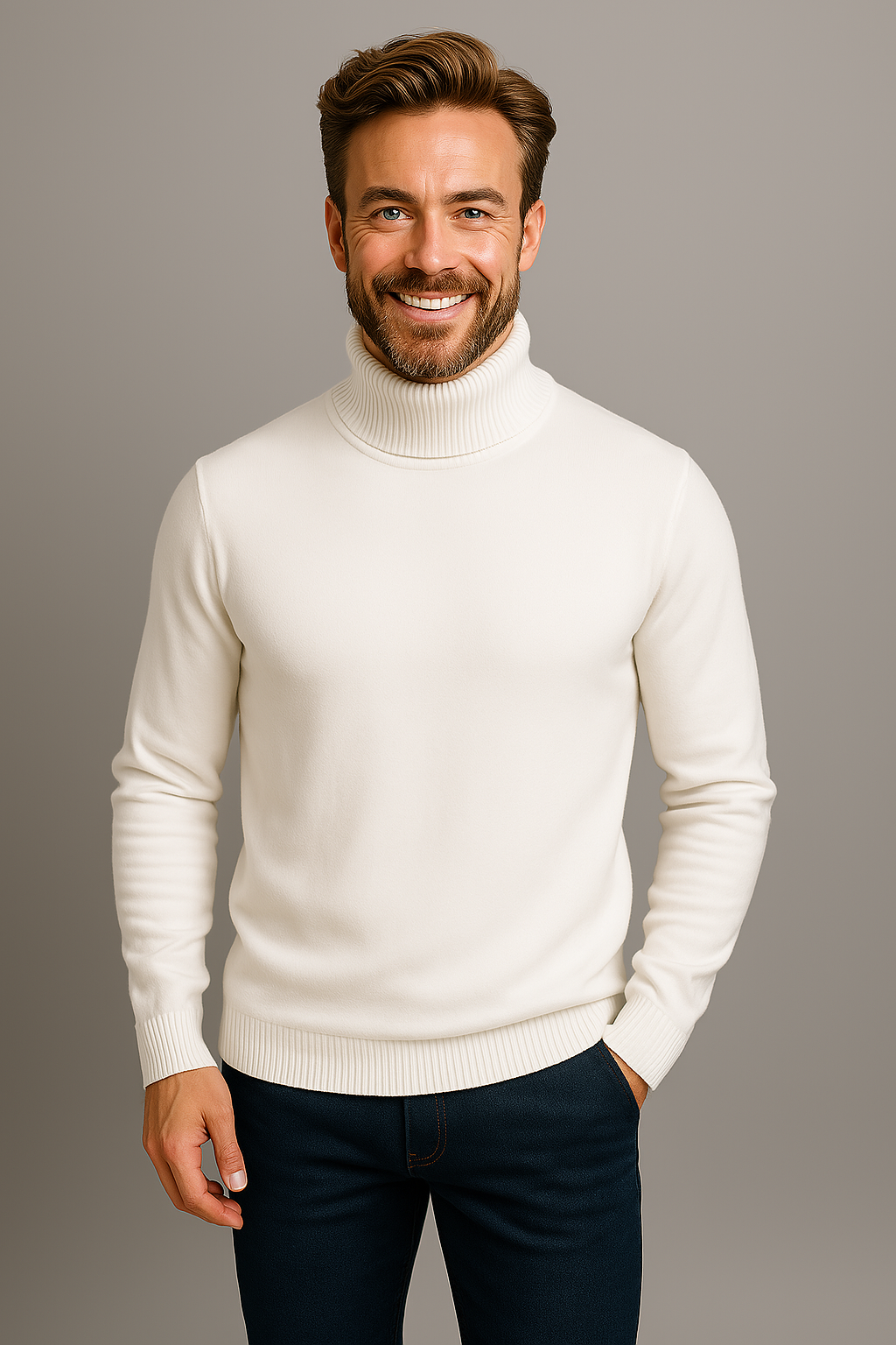 Stylish men's long sleeve turtleneck sweater, ideal for a bold, modern, and casual elegant look.
