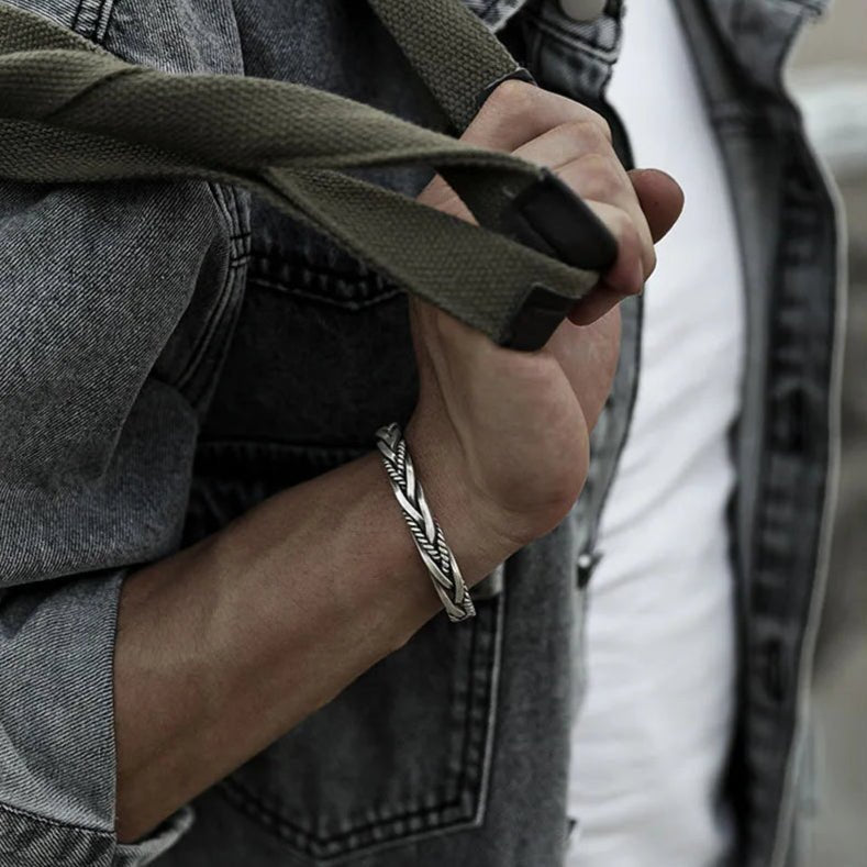 Stylish men's braided sterling silver open cuff bracelet, perfect gift for him, adjustable design.