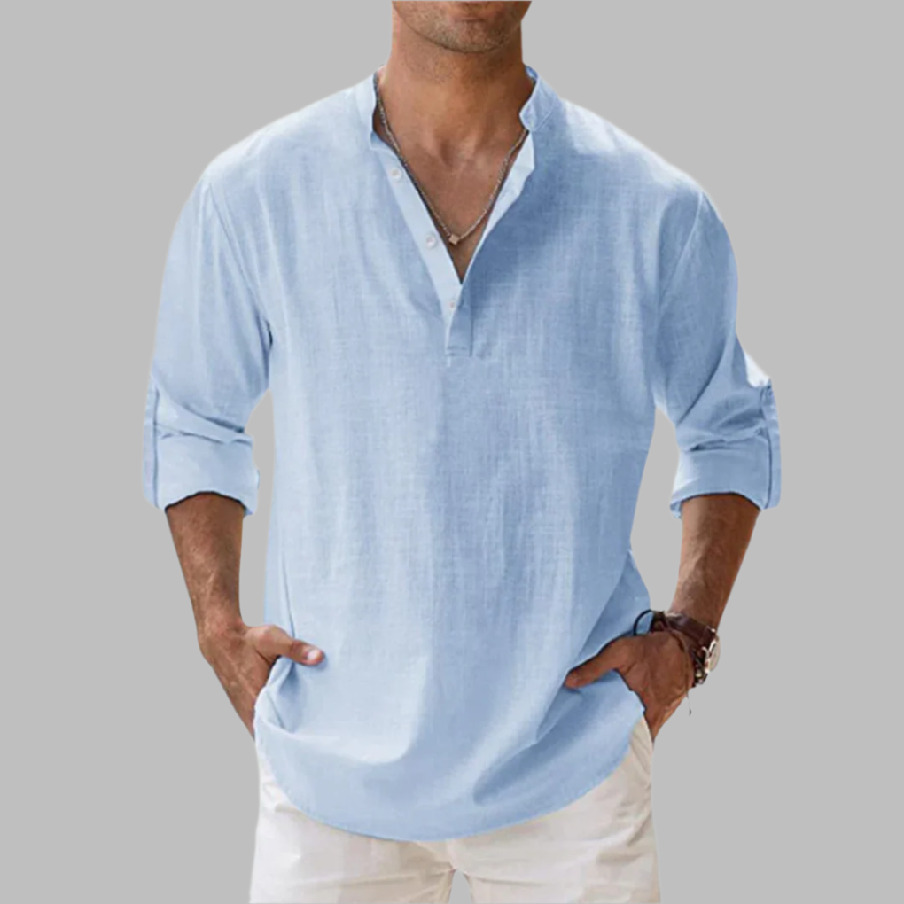 Men's breathable band collar shirt, ideal for summer. Relaxed fit, long sleeve, casual style.