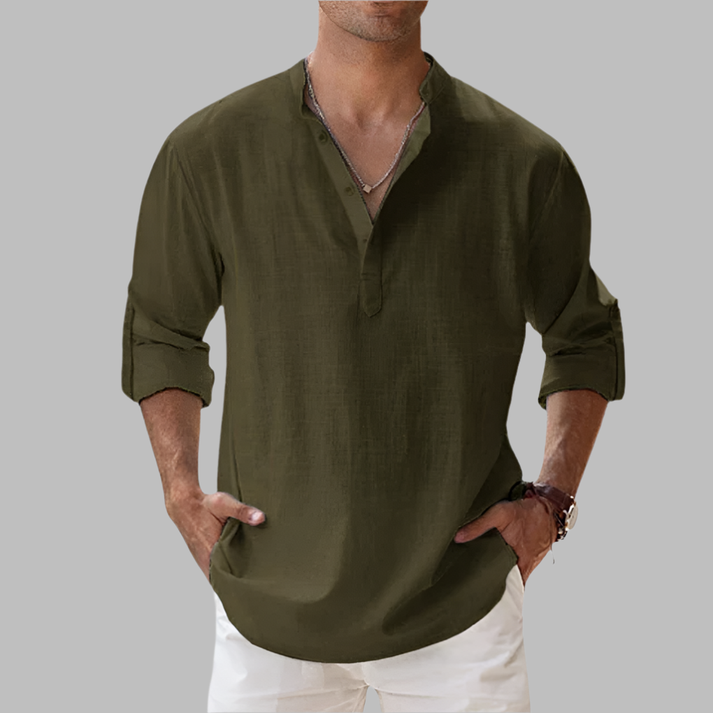 Ultimate men's summer style: breathable band collar long sleeve shirt. Comfortable & stylish.