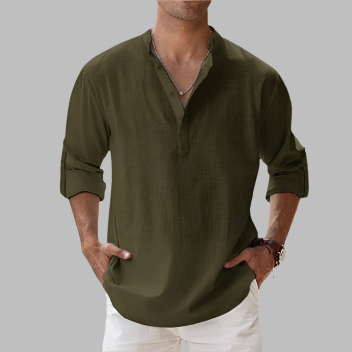 Ultimate men's summer style: breathable band collar long sleeve shirt. Comfortable & stylish.
