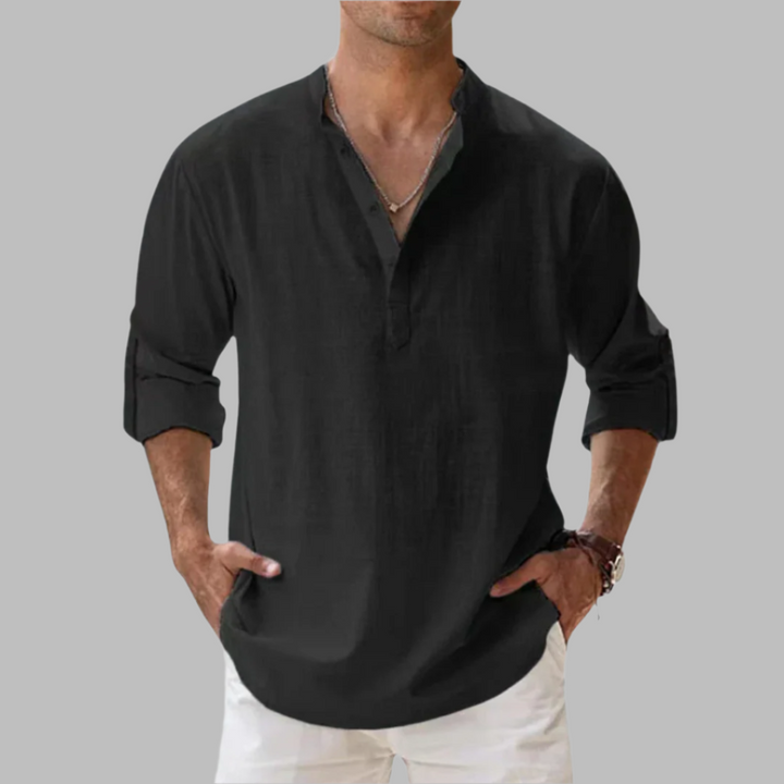 Stylish men's band collar button-up shirt in a relaxed fit. Perfect for warm weather & vacation.
