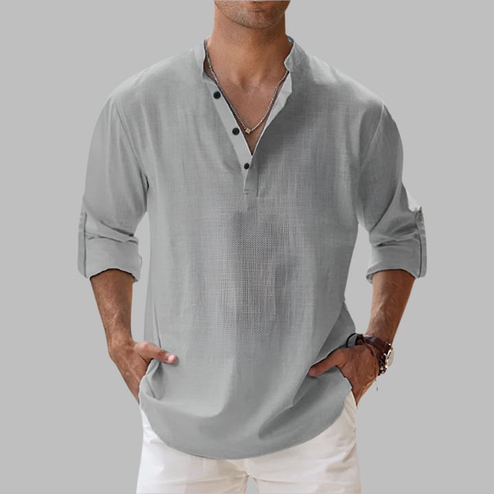 Casual long sleeve men's shirt with band collar. Breathable fabric for ultimate summer comfort.