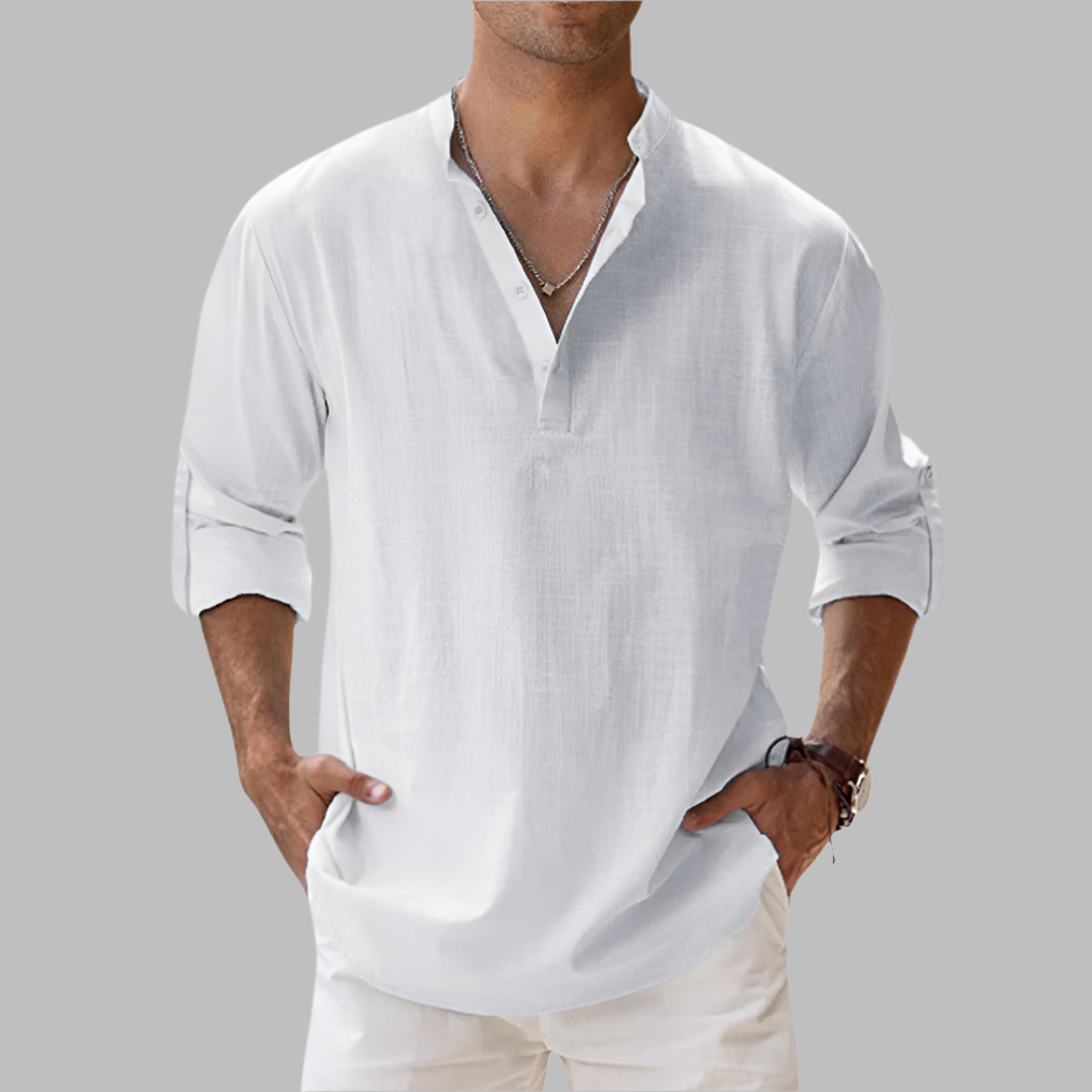 Men's everyday band collar shirt, designed for breathability. Stylish & comfortable resort wear.