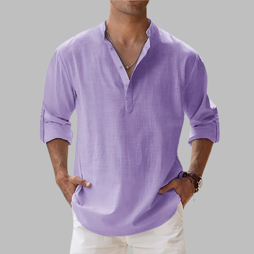 Summer-ready men's band collar button-up shirt. Breathable, long sleeve, perfect for casual wear.