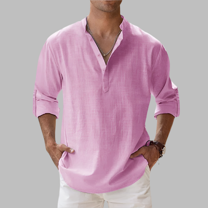 Stylish men's breathable band collar shirt for warm weather. Comfortable relaxed fit, vacation-ready.