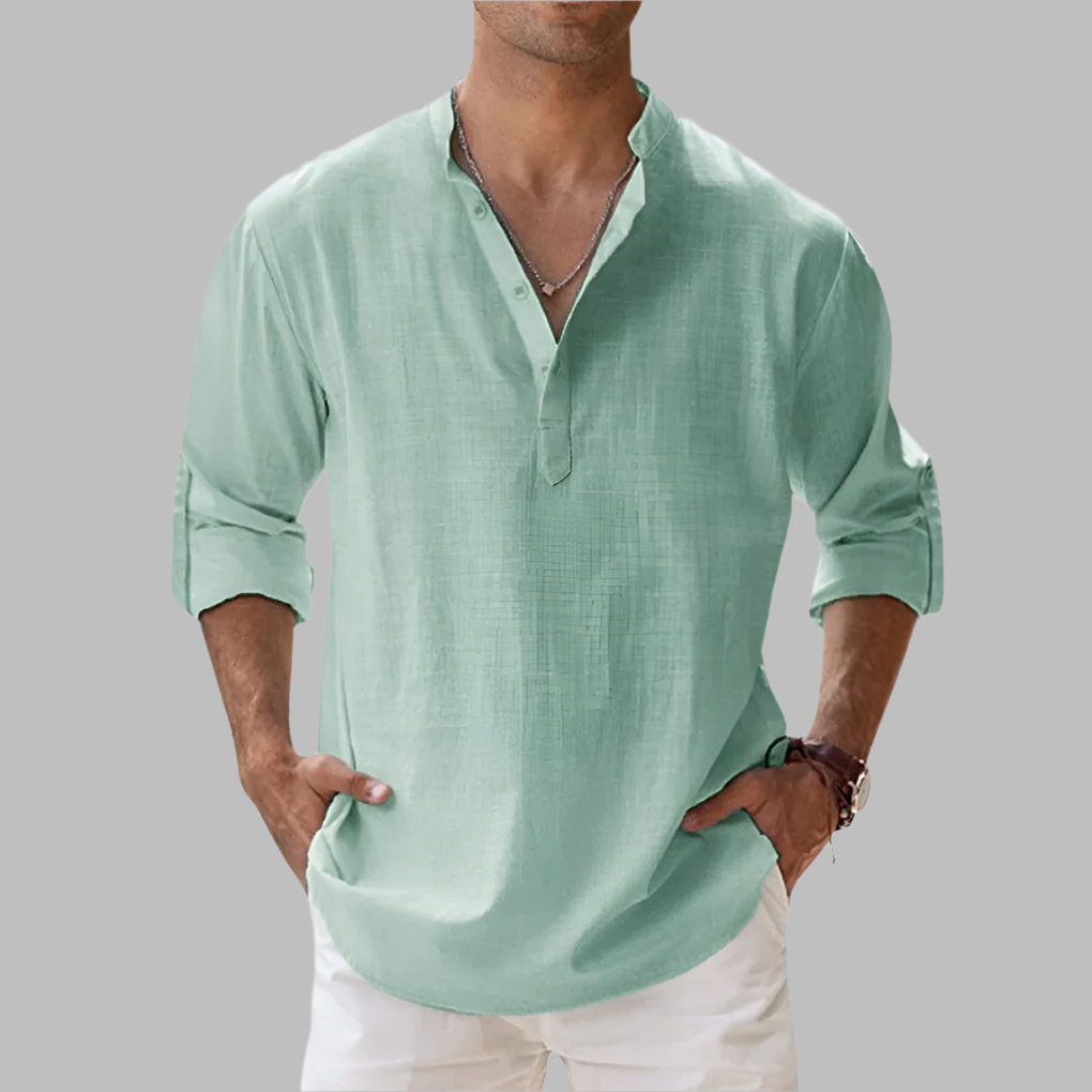 Casual men's long sleeve band collar shirt. Breathable and comfortable for everyday summer style.