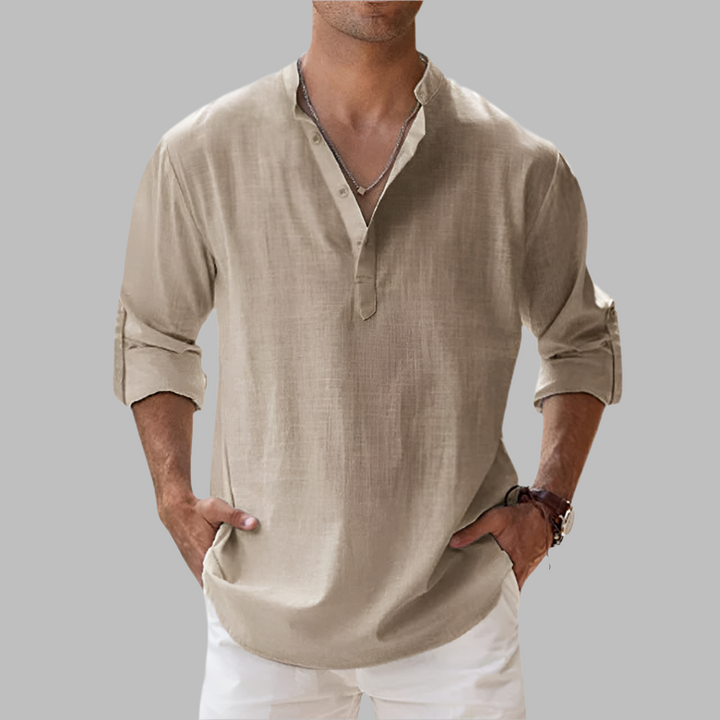 Men's breathable summer band collar shirt. Relaxed fit button-up, ideal for vacation & resort.