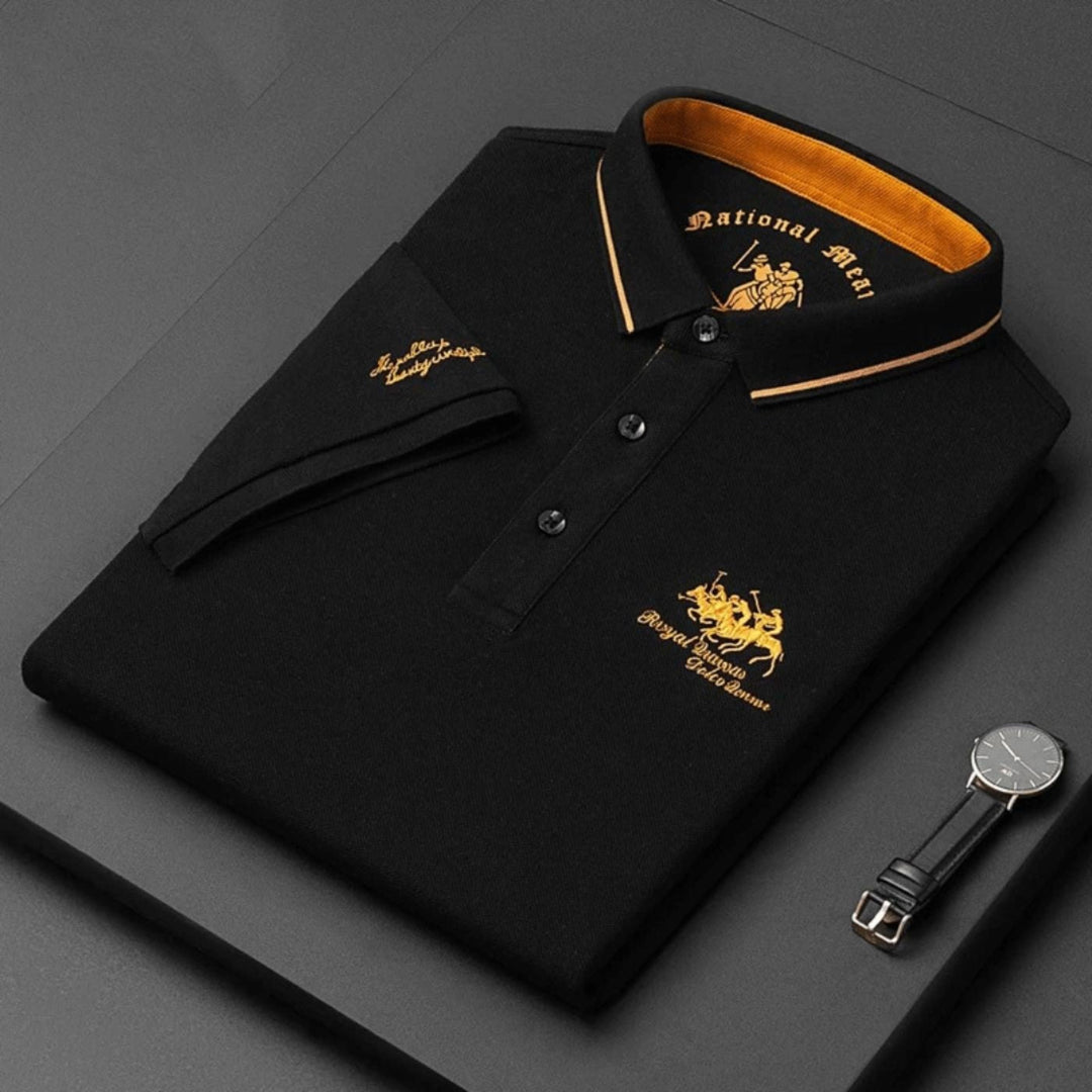 Close-up of the embroidered detail on a men's short-sleeve breathable polo, ideal for casual fashion.