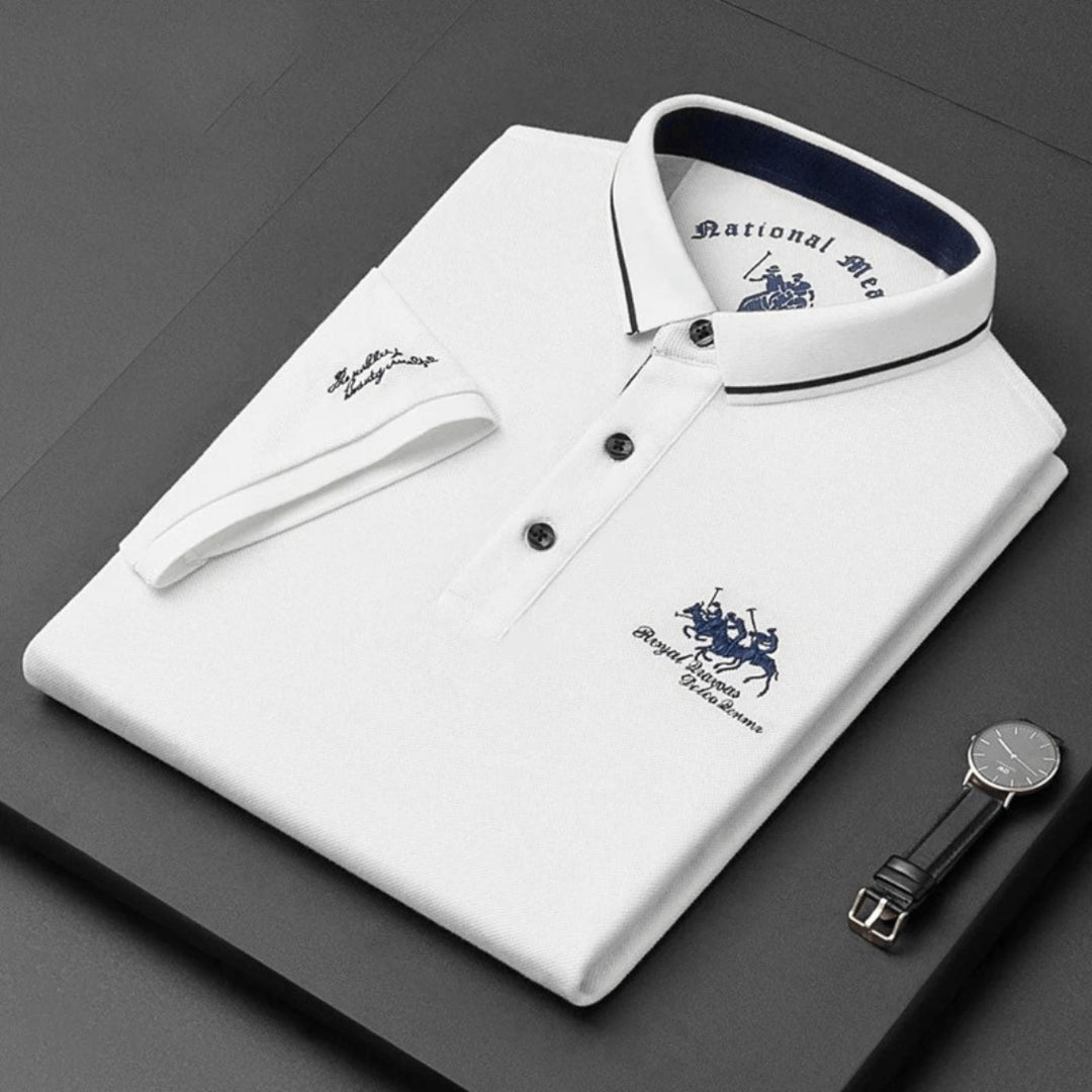 Man wearing a men's breathable embroidered polo shirt, showcasing its comfortable fit and smart casual style.