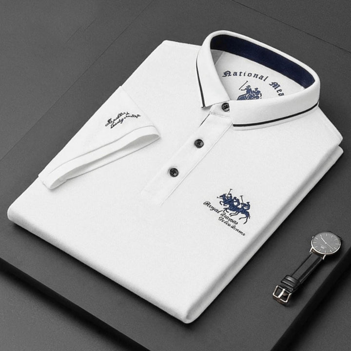 Man wearing a men's breathable embroidered polo shirt, showcasing its comfortable fit and smart casual style.
