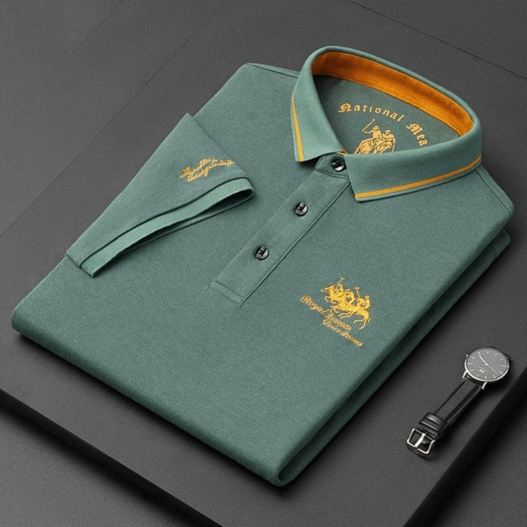 Premium men's short-sleeve breathable polo, featuring subtle embroidery, suitable for golf or everyday wear.