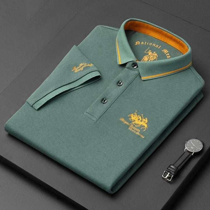 Premium men's short-sleeve breathable polo, featuring subtle embroidery, suitable for golf or everyday wear.