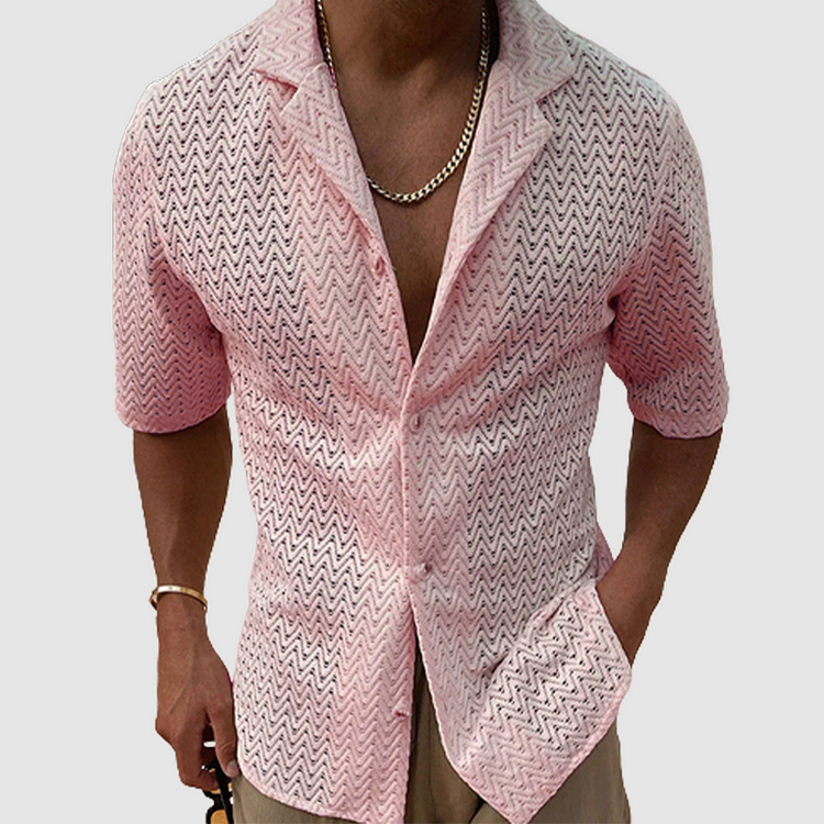 Front view of a men's open-weave leisure shirt, featuring a breathable short sleeve design for casual summer comfort.