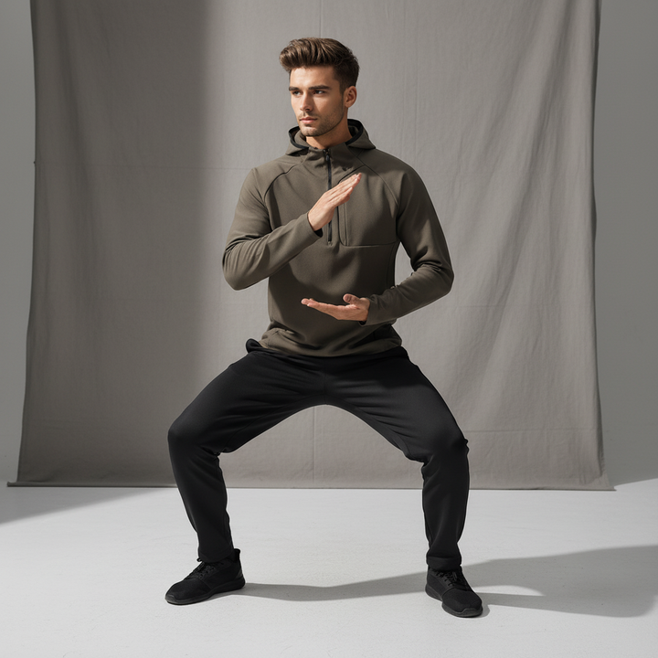 Men's half-zip hooded athletic jacket, stretch performance fabric for ultimate comfort & breathability during active pursuits.