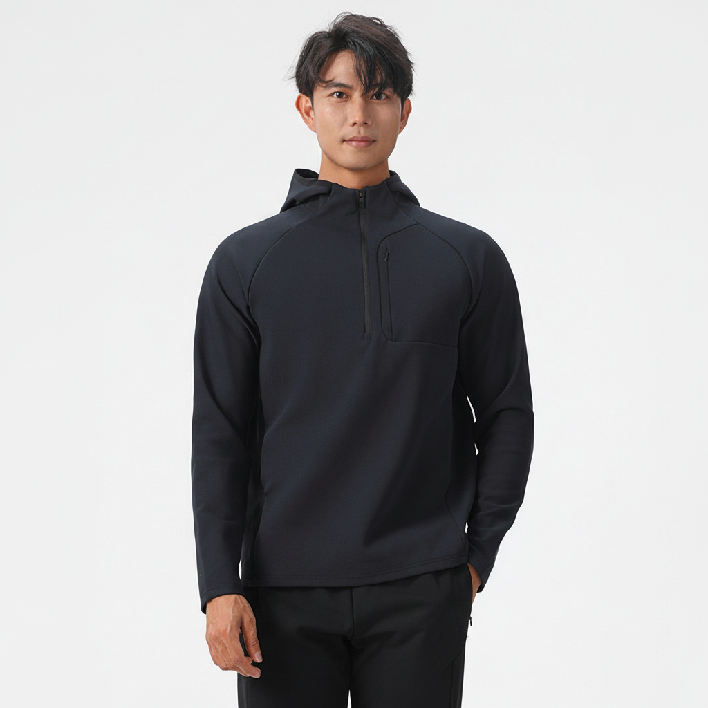 Men's hooded half-zip stretch jacket. Breathable athletic performance wear, ideal for workouts & stylish urban activewear.