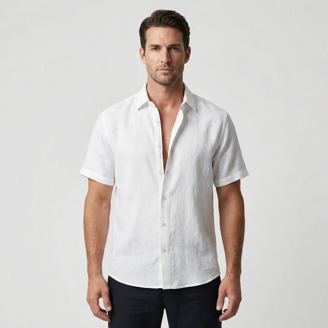 Lightweight men's casual short sleeve button-up shirt for warm days, featuring a relaxed cut.