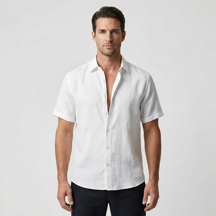 Lightweight men's casual short sleeve button-up shirt for warm days, featuring a relaxed cut.