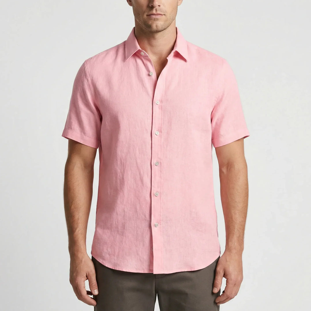 Men's summer fashion: a collared, short sleeve button-up shirt in a relaxed, casual style.