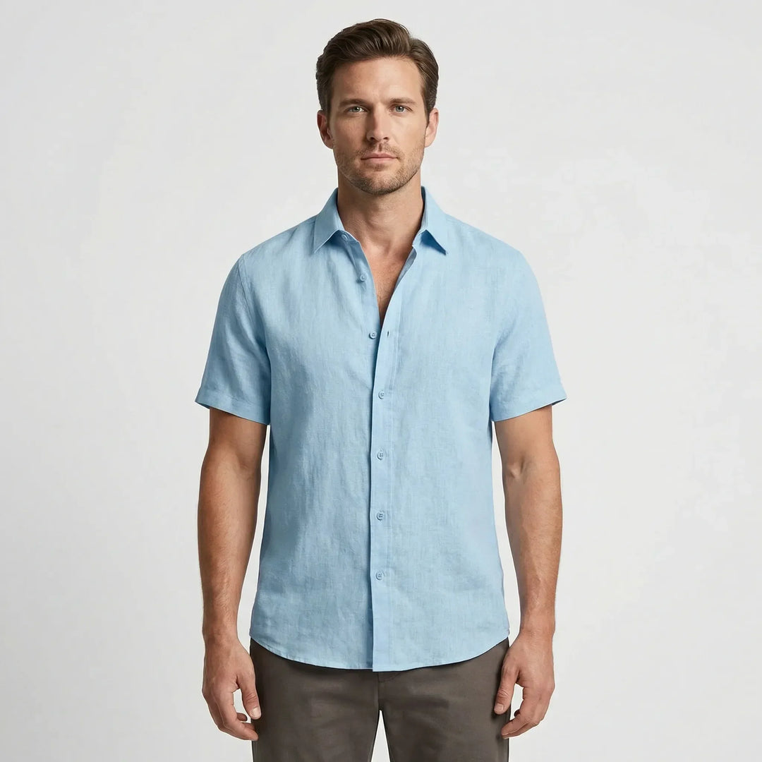 Comfortable men's breezy button-up shirt with short sleeves, perfect for summer holidays.