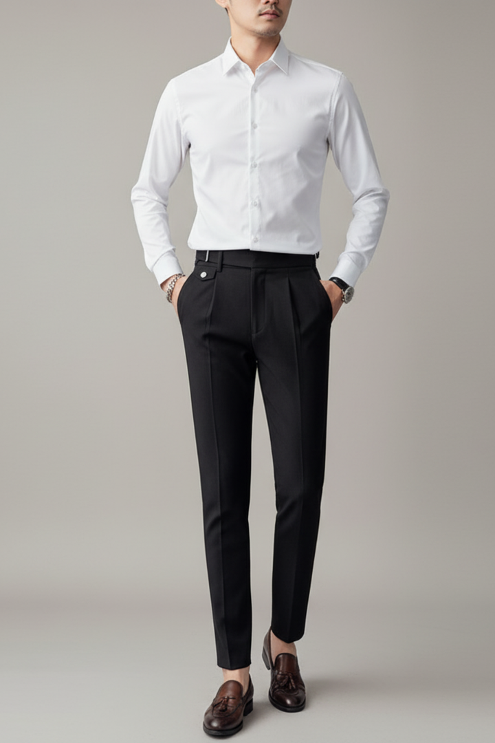 Stylish men's formal pleated trousers, perfect for business wear, smart casual, or professional fashion.