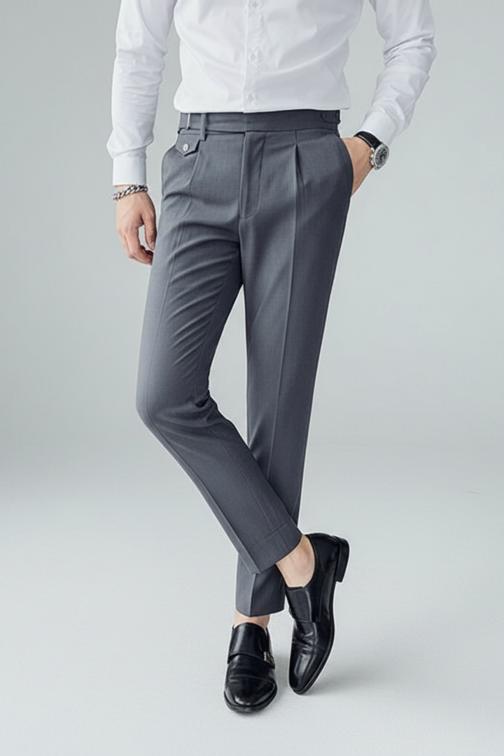 Classic British men's pleated trousers, versatile for business, office wear, or smart professional style.