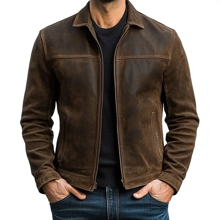 Men's brown biker style zip-up jacket with long sleeves, offering a rugged yet stylish look.