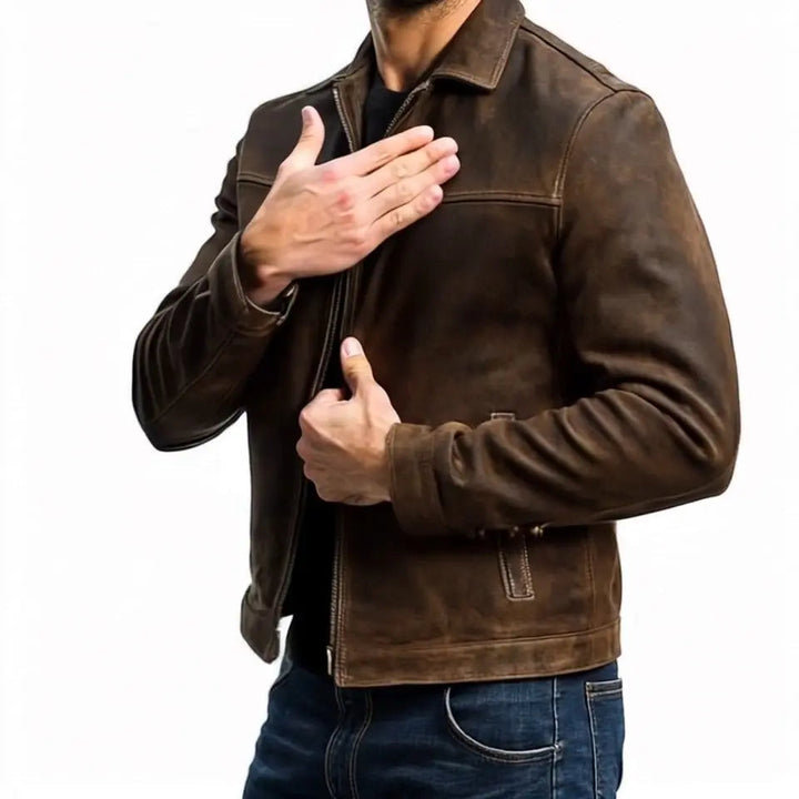 Black zip-up men's biker jacket, multi-pocket design, perfect for casual, versatile fashion.