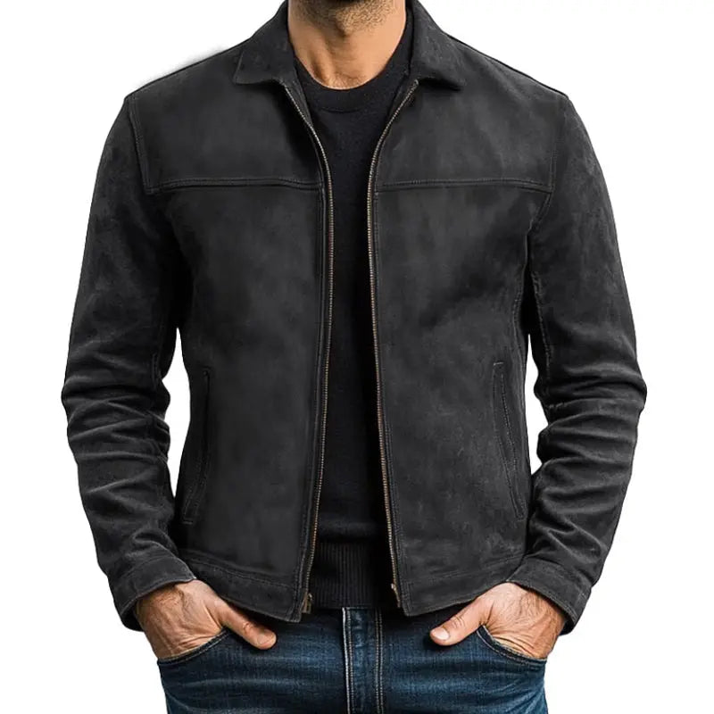 Fitted army green men's long sleeve biker jacket, a stylish zip-up outerwear piece for men's fashion.
