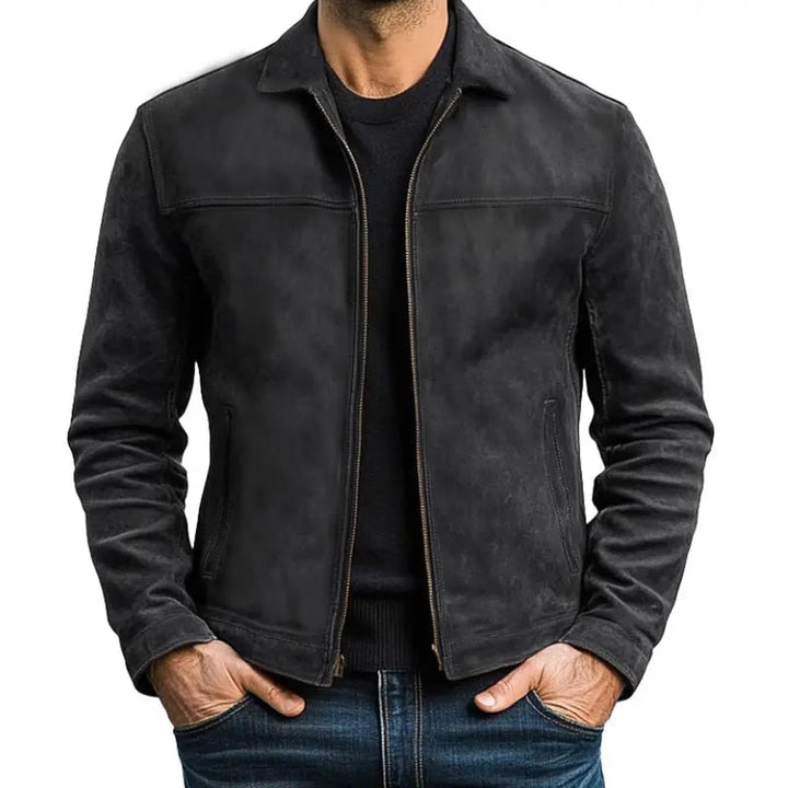 Fitted army green men's long sleeve biker jacket, a stylish zip-up outerwear piece for men's fashion.