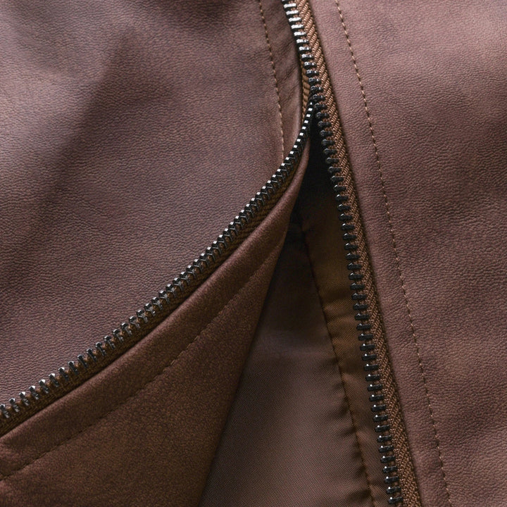 Stylish men's zip-up biker jacket, ideal as a casual long sleeve outerwear for modern men.