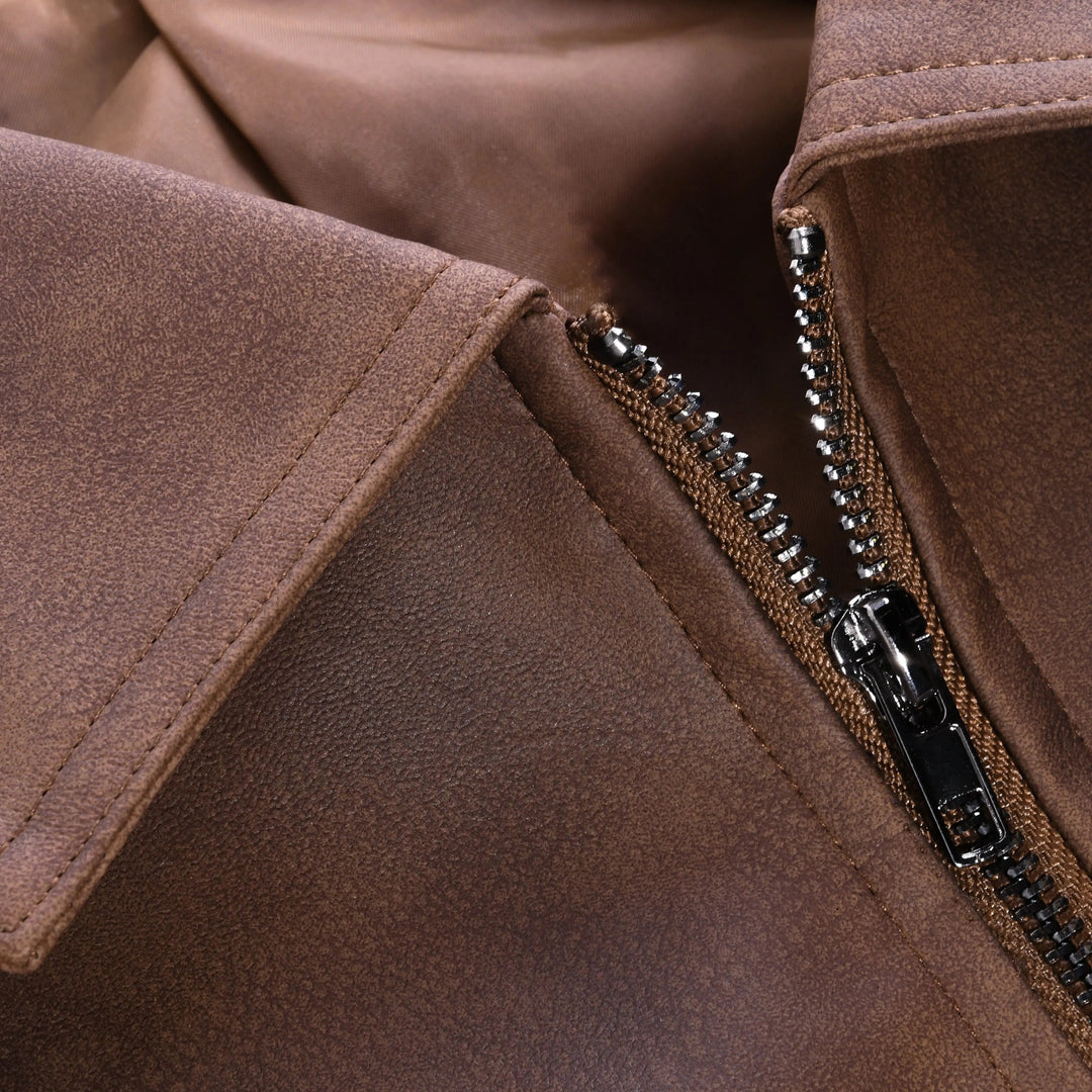 Brown men's zip-up long sleeve biker jacket, a classic piece of casual outerwear for stylish men's fashion.