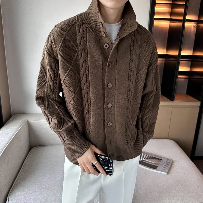 Men's brown cable knit cardigan, a chunky button-front sweater perfect for stylish casual layering. All-season knitwear.