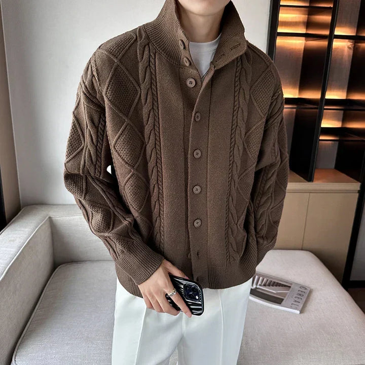Men's brown cable knit cardigan, a chunky button-front sweater perfect for stylish casual layering. All-season knitwear.
