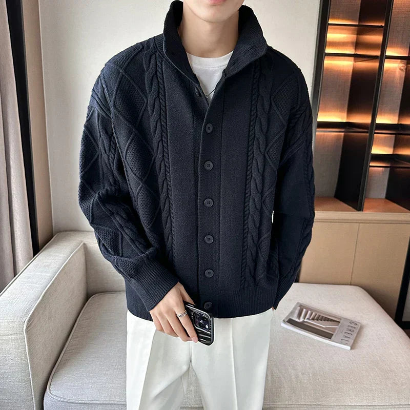 Blue men's cable knit cardigan, a comfortable chunky sweater with button front for versatile, all-season layering.
