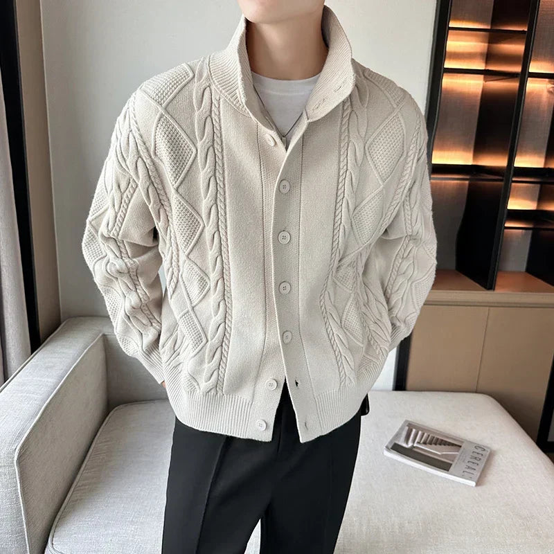 Beige men's cable knit cardigan, a stylish chunky knit sweater with button front, ideal for men's fashion layering.