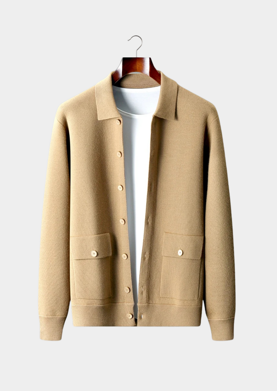 Men's button-up cardigan with patch pockets for stylish layering, a versatile long sleeve top.