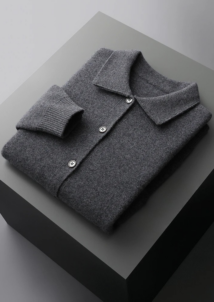 Classic men's button-up cardigan with patch pockets, offering a versatile fit for smart casual style.