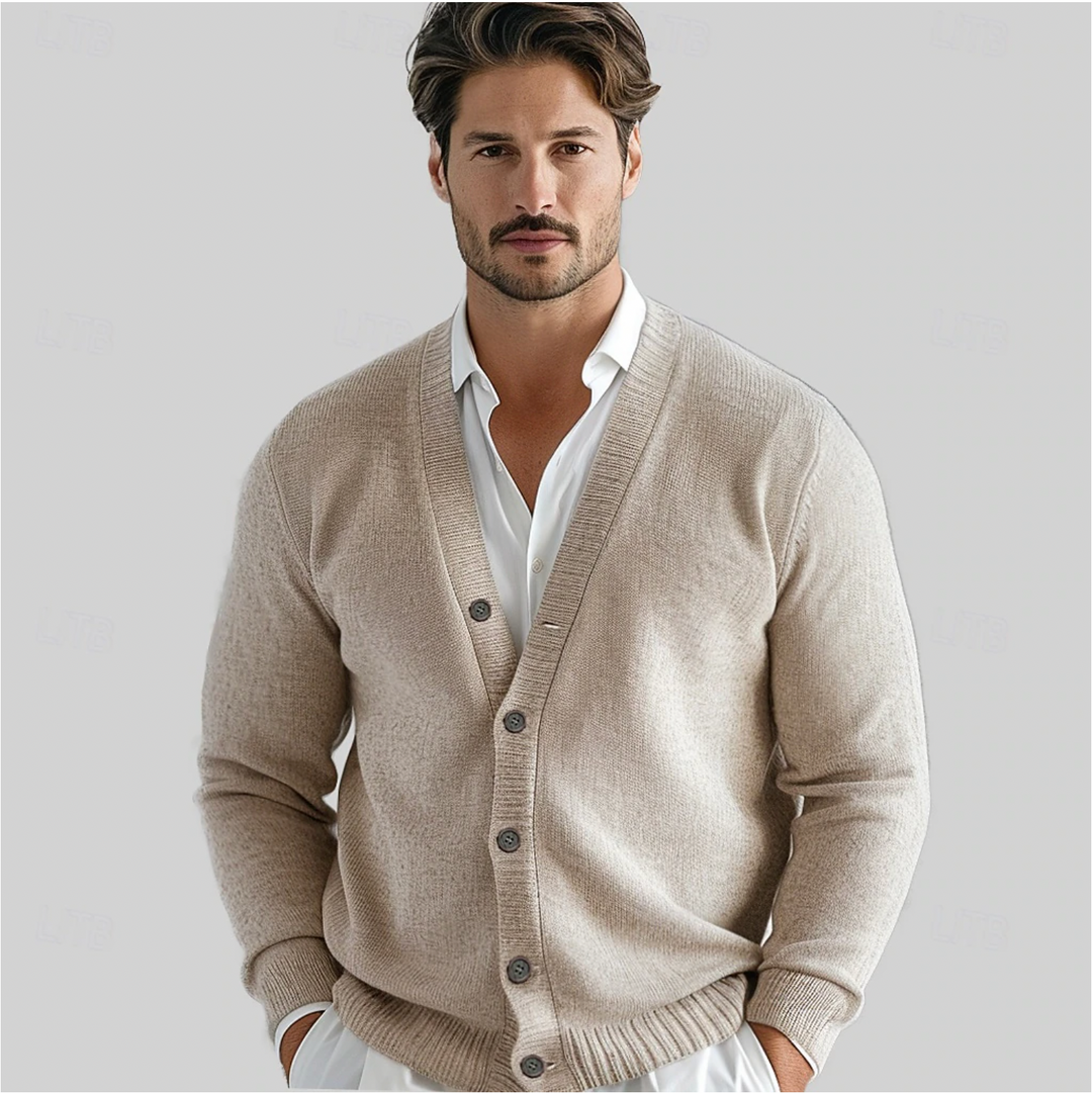 Men's button-up knit cardigan in a classic, versatile style for smart casual layering. Perfect for autumn & winter fashion.