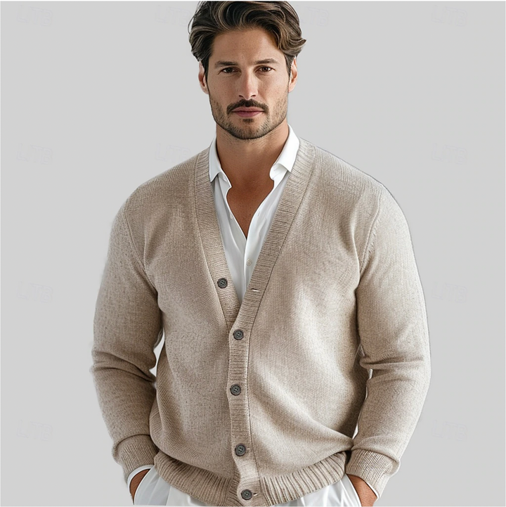 Men's button-up knit cardigan in a classic, versatile style for smart casual layering. Perfect for autumn & winter fashion.
