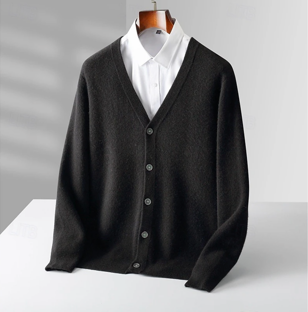 Textured men's long-sleeve button-up cardigan, offering a polished look for smart casual wear. Timeless knitwear.