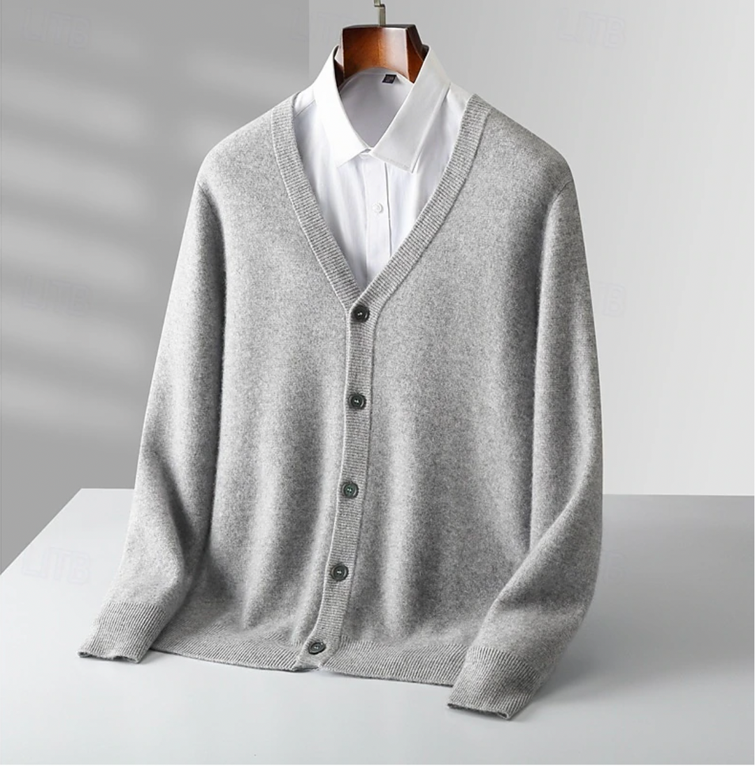 Classic men's button-up cardigan with long sleeves, ideal as a versatile smart casual layering piece for men.