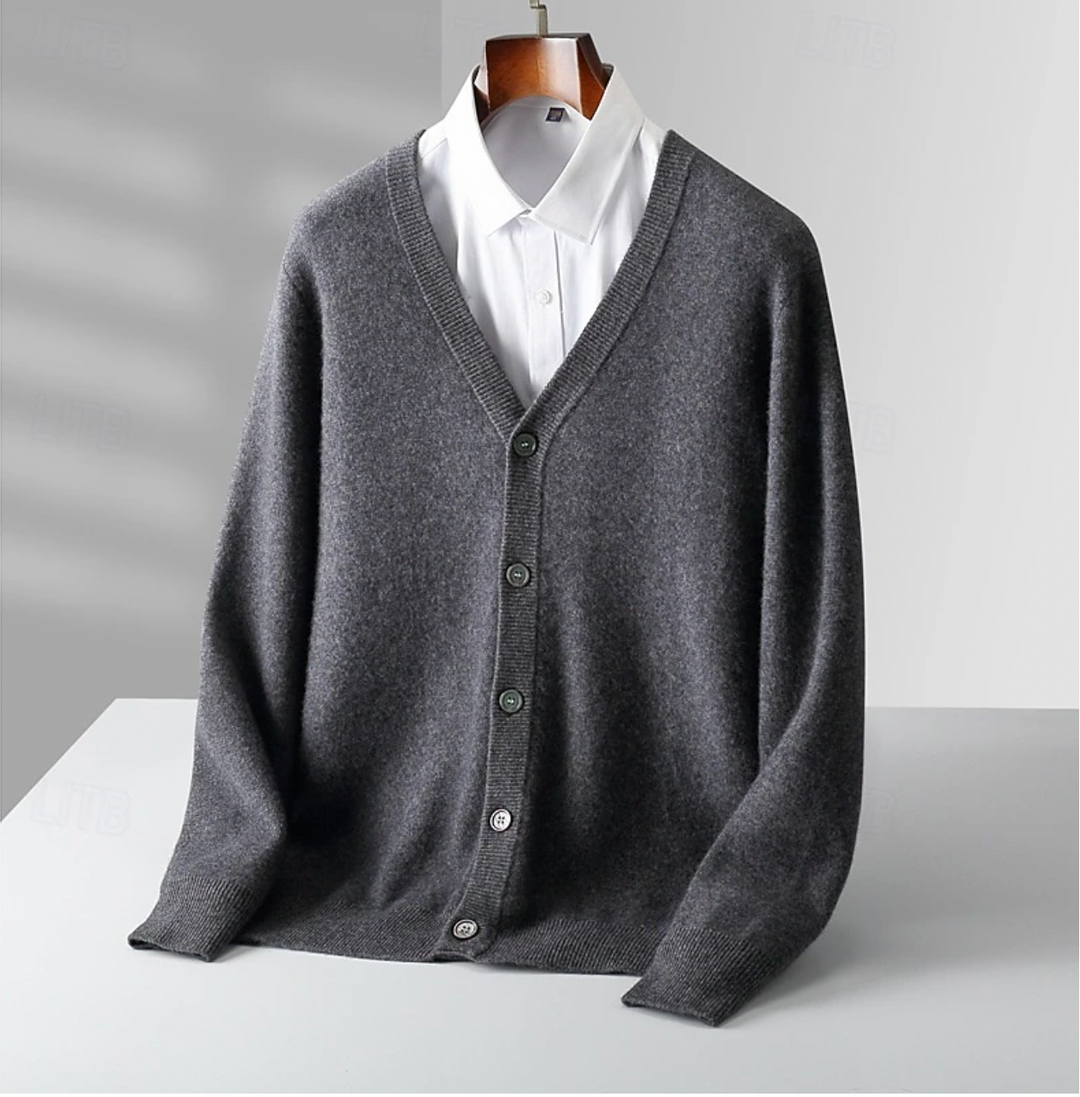 Elegant men's knit button-up cardigan. A warm, timeless long-sleeve layering piece for sophisticated autumn & winter looks.