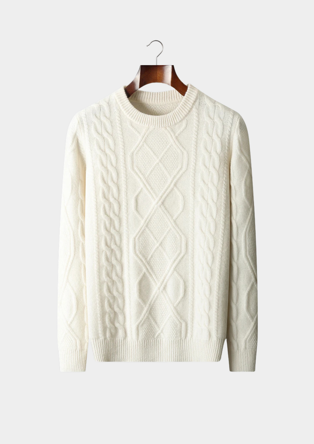 Men's Cable Knit Crew Neck Sweater, a cozy winter essential for classic style and warmth.