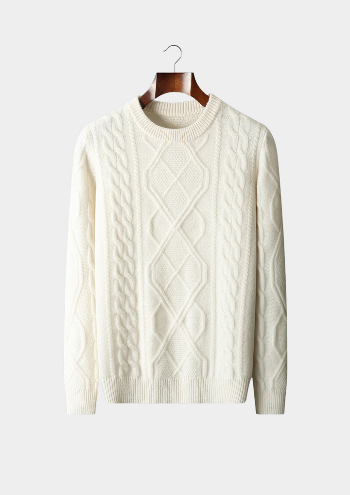 Men's Cable Knit Crew Neck Sweater, a cozy winter essential for classic style and warmth.